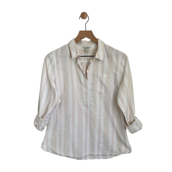 LL BEAN Shirt Women's 3/4 Button Up Blouse Top Striped White Pink Small - Picture 1 of 5